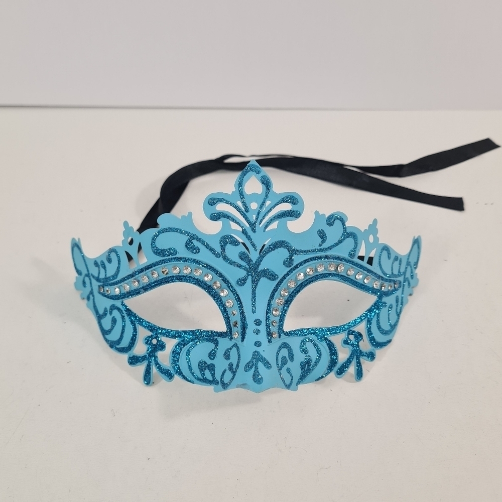 Venetian Masquerade Mardi Gras Halloween Eye Mask Blue with Glitter & Crystals